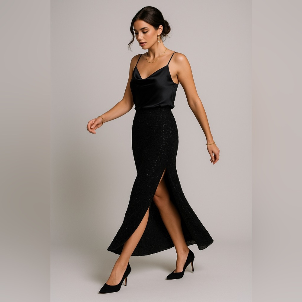 Laurence Kazar Paris–New York Silk Evening Skirt | Beaded Maxi, 2 Side Slits (M)